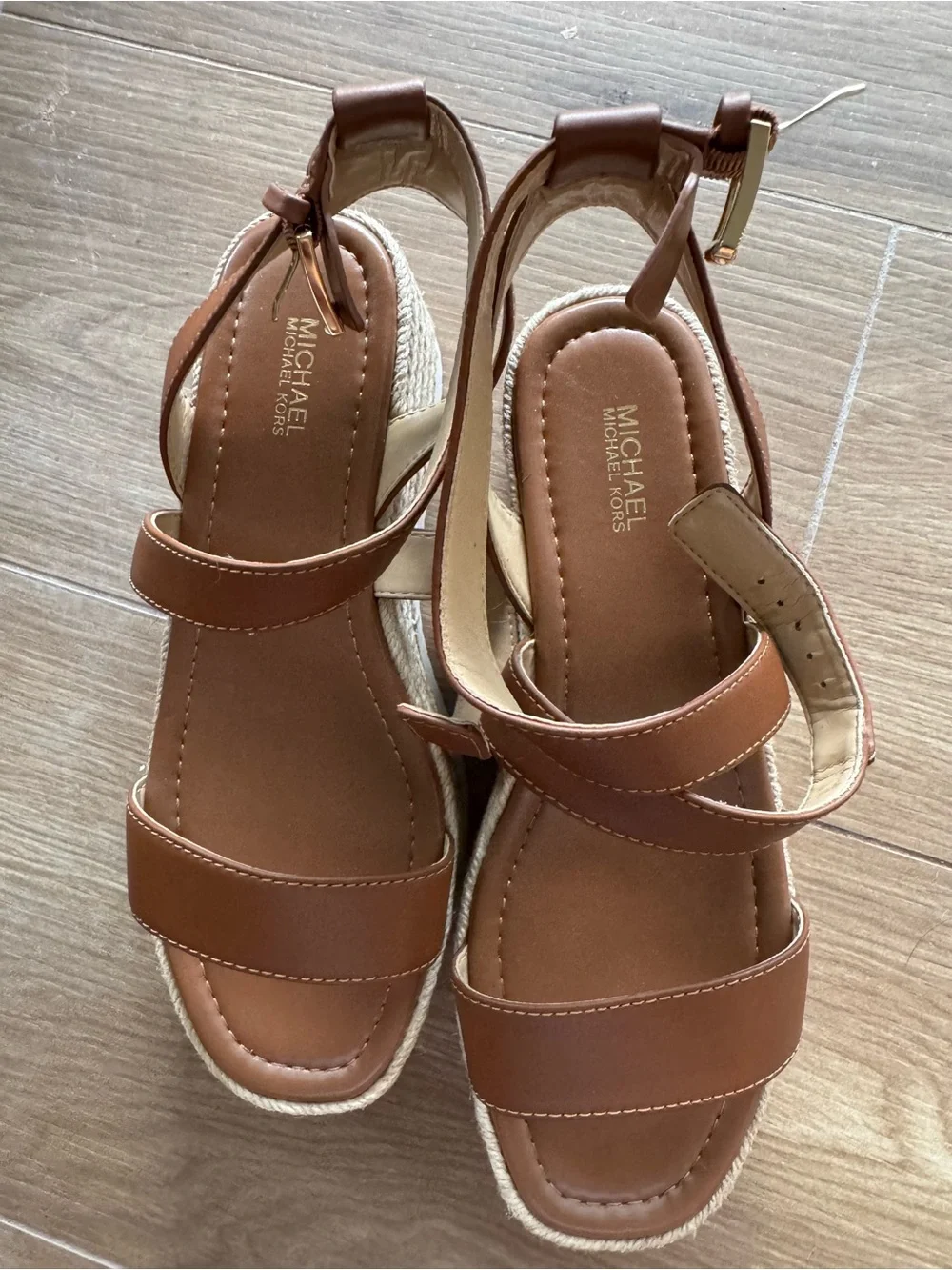 Michael Kors Brown Leather Espadrille Wedge Sandals